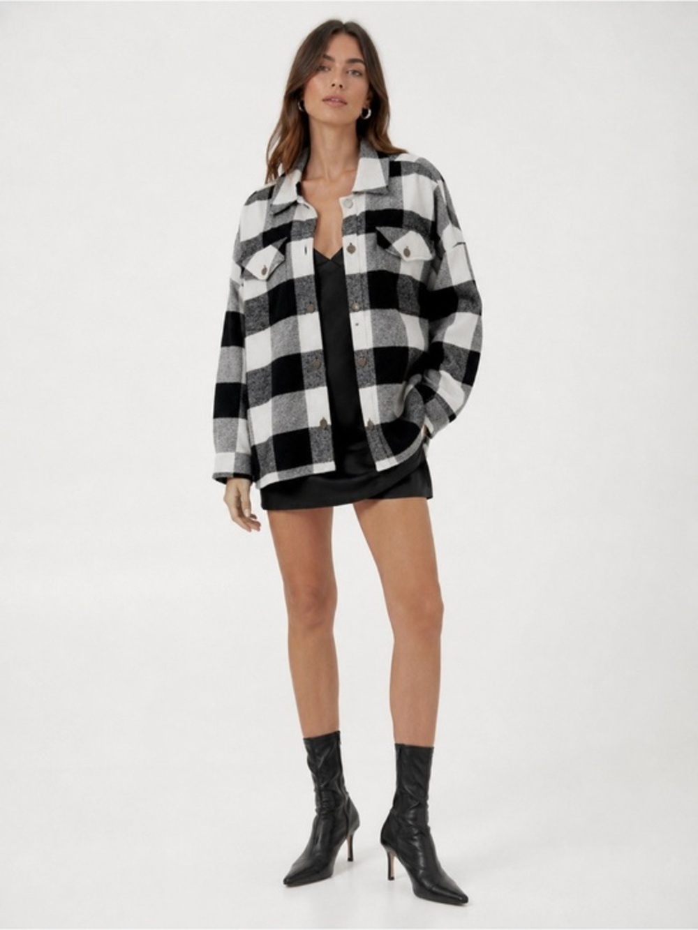 ZARA Black White Buffalo Plaid Flannel Shacket Jacket Oversized Fall Layering M